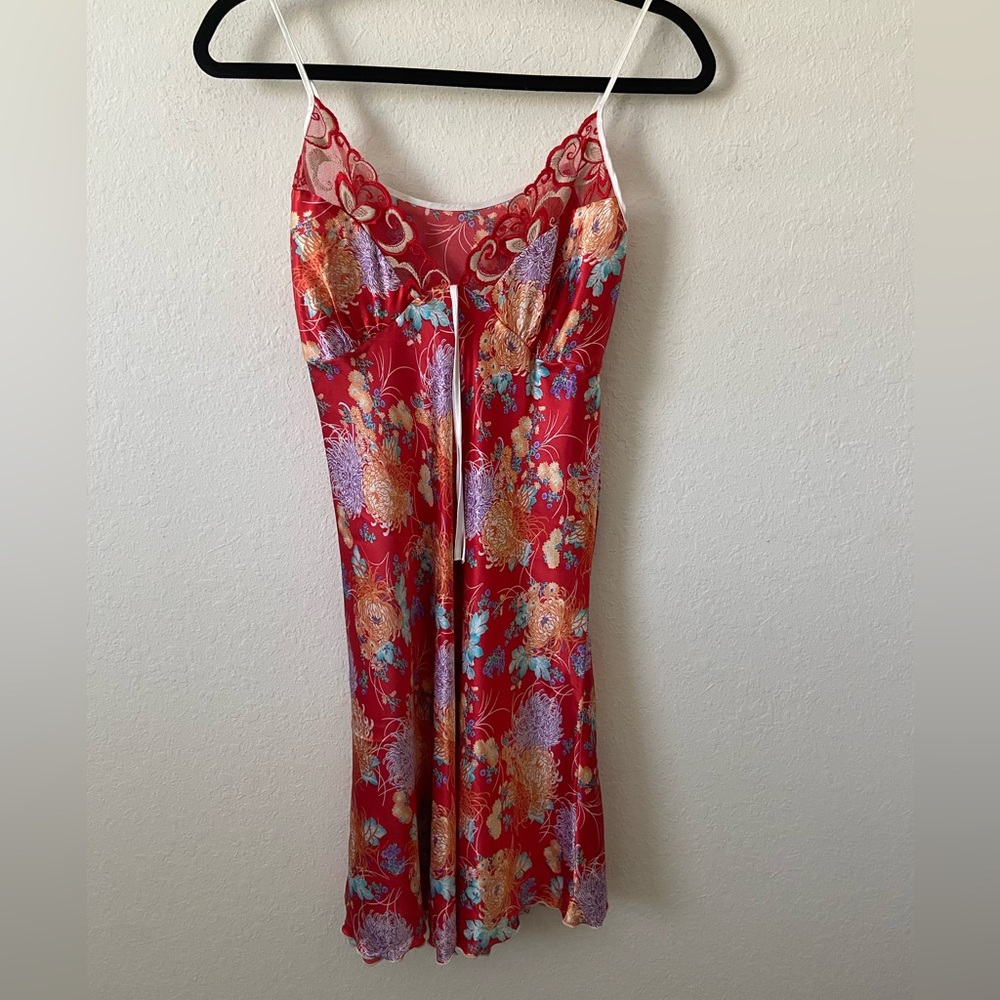 Vintage 90s Silk Bias Slip Dress Elegant Floral Pattern Lace Front Detail